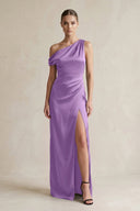 One - Shoulder Satin Sheath Bridesmaid Dress With Slit in Wisteria - KissProm Bridesmaid Dresses