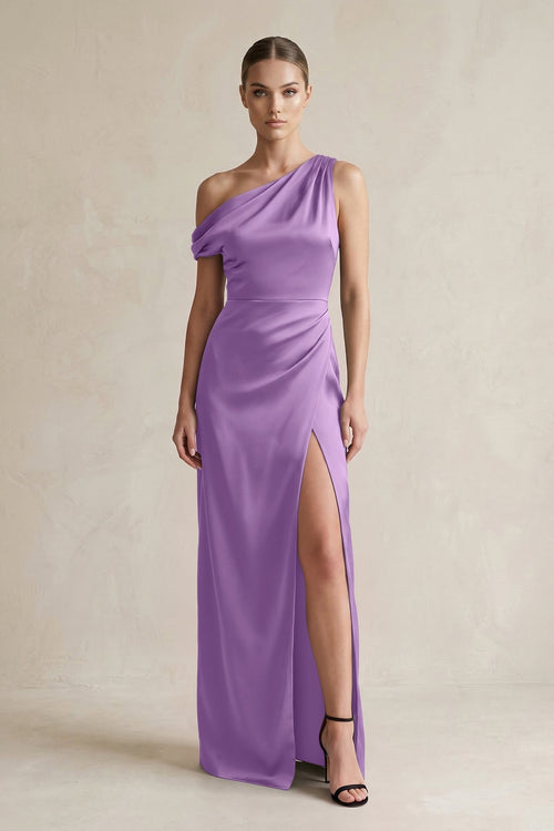 One - Shoulder Satin Sheath Bridesmaid Dress With Slit in Wisteria - KissProm Bridesmaid Dresses
