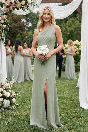 One - Shoulder Sheath Bridesmaid Dress With Slit in Dove Gray - KissProm Bridesmaid Dresses