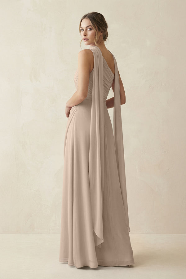 One - Shoulder Sheath Chiffon Bridesmaid Dress with Ribbon in Almond - KissProm Bridesmaid Dresses