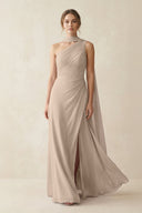 One - Shoulder Sheath Chiffon Bridesmaid Dress with Ribbon in Almond - KissProm Bridesmaid Dresses