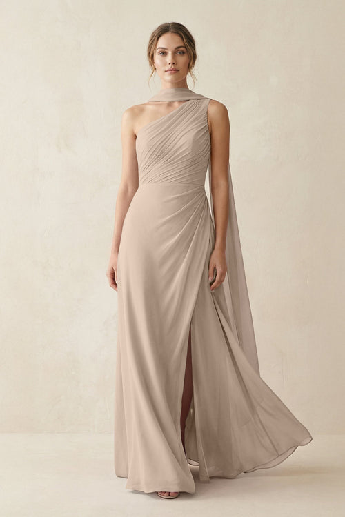 One - Shoulder Sheath Chiffon Bridesmaid Dress with Ribbon in Almond - KissProm Bridesmaid Dresses