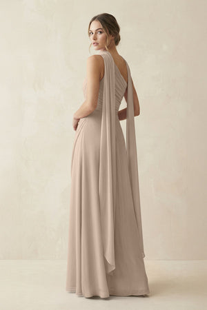 One - Shoulder Sheath Chiffon Bridesmaid Dress with Ribbon in Almond - KissProm Bridesmaid Dresses