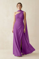 One - Shoulder Sheath Chiffon Bridesmaid Dress with Ribbon in Amethyst - KissProm Bridesmaid Dresses