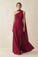 One - Shoulder Sheath Chiffon Bridesmaid Dress with Ribbon in Berry - KissProm Bridesmaid Dresses
