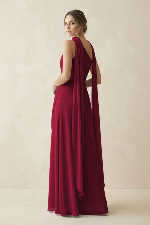 One - Shoulder Sheath Chiffon Bridesmaid Dress with Ribbon in Berry - KissProm Bridesmaid Dresses