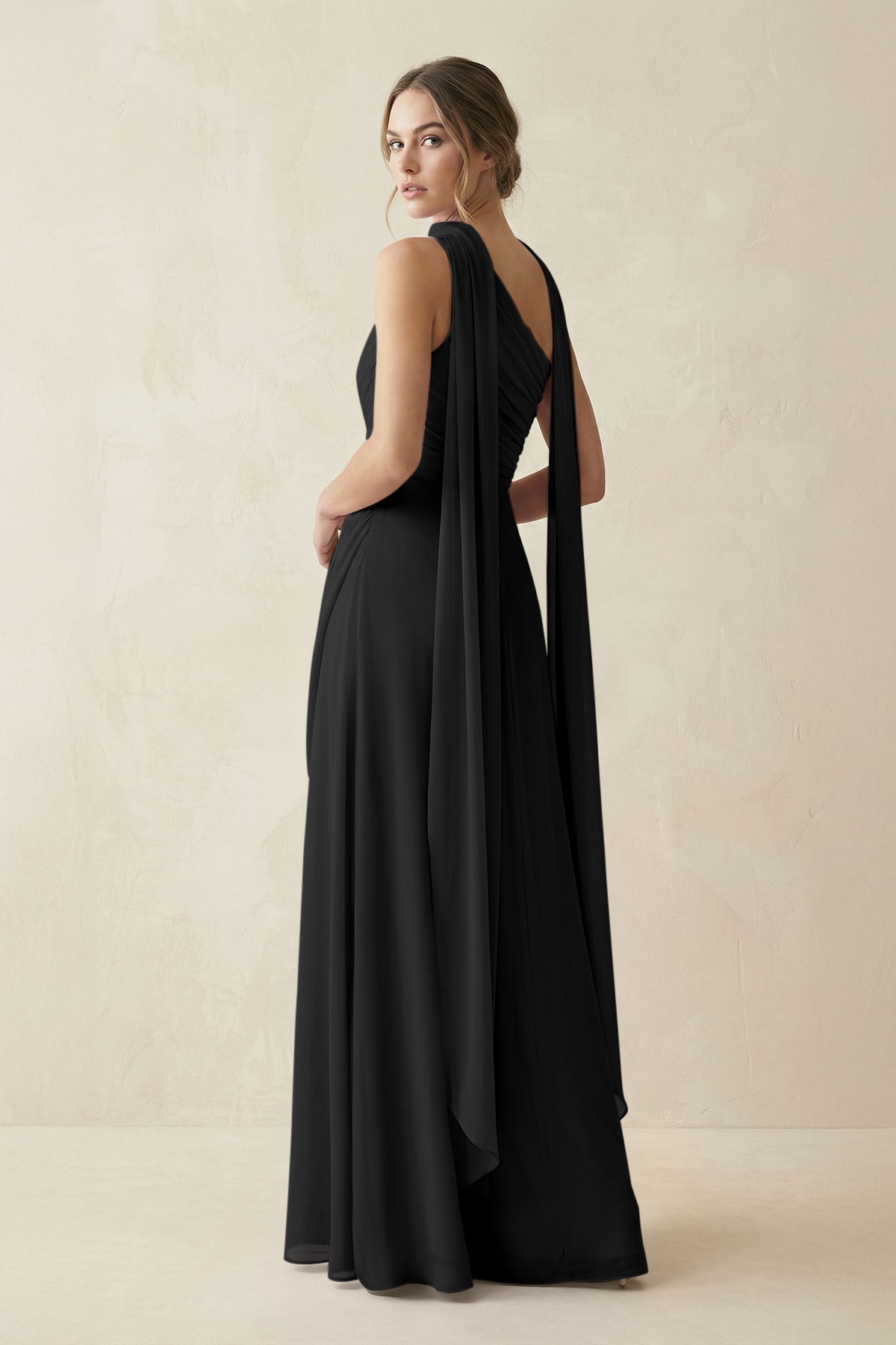 KissProm One-Shoulder Sheath Chiffon Bridesmaid Dress with Ribbon in Black, Black / 14