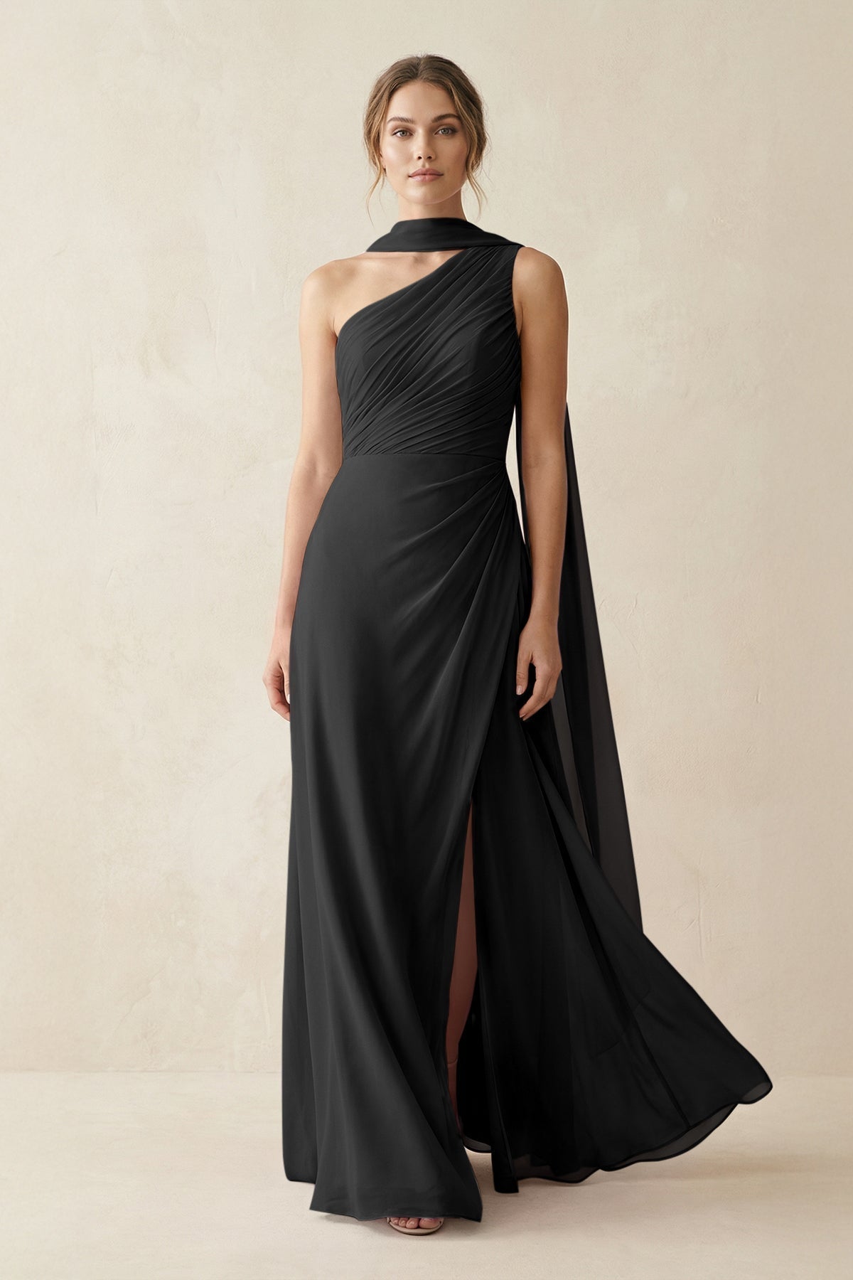 KissProm One-Shoulder Sheath Chiffon Bridesmaid Dress with Ribbon in Black, Black / 14