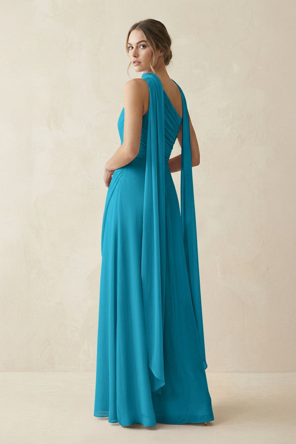 One - Shoulder Sheath Chiffon Bridesmaid Dress with Ribbon in Blue Jay - KissProm Bridesmaid Dresses