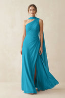 One - Shoulder Sheath Chiffon Bridesmaid Dress with Ribbon in Blue Jay - KissProm Bridesmaid Dresses