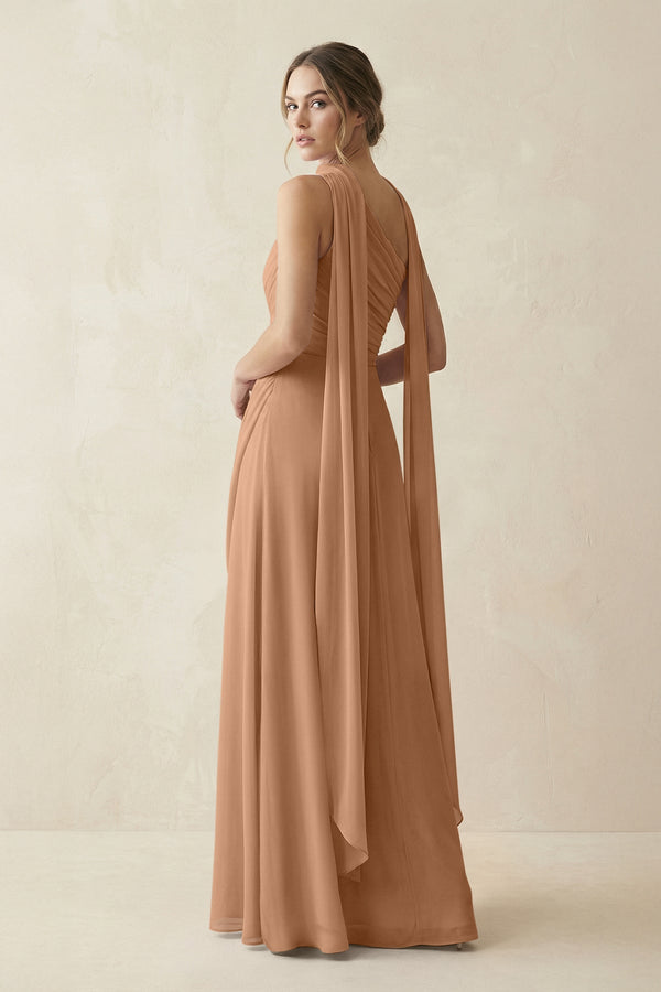 One - Shoulder Sheath Chiffon Bridesmaid Dress with Ribbon in Bronzer - KissProm Bridesmaid Dresses