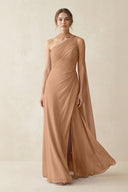 One - Shoulder Sheath Chiffon Bridesmaid Dress with Ribbon in Bronzer - KissProm Bridesmaid Dresses