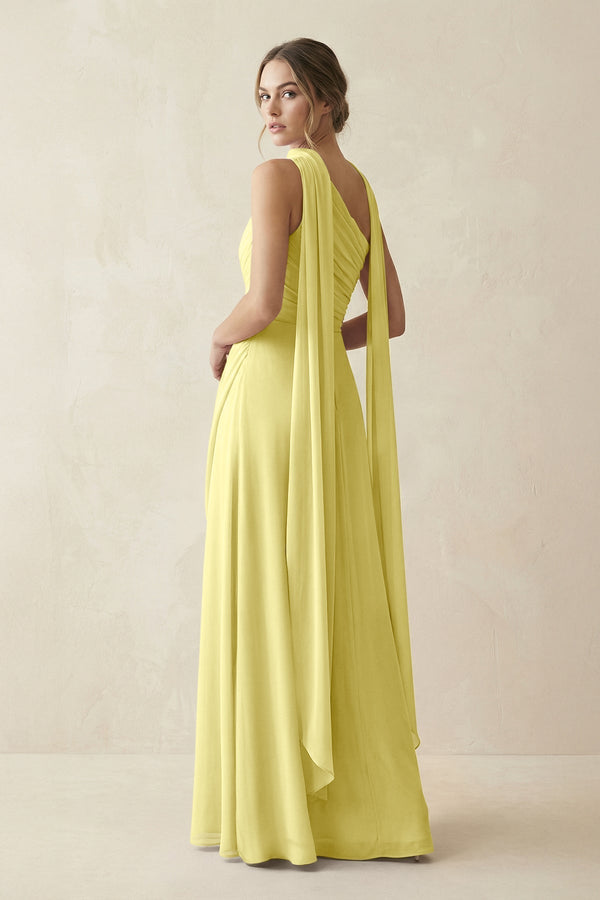 One - Shoulder Sheath Chiffon Bridesmaid Dress with Ribbon in Buttercup - KissProm Bridesmaid Dresses