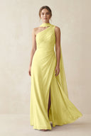 One - Shoulder Sheath Chiffon Bridesmaid Dress with Ribbon in Buttercup - KissProm Bridesmaid Dresses