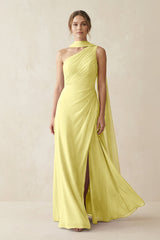 One - Shoulder Sheath Chiffon Bridesmaid Dress with Ribbon in Buttercup - KissProm Bridesmaid Dresses