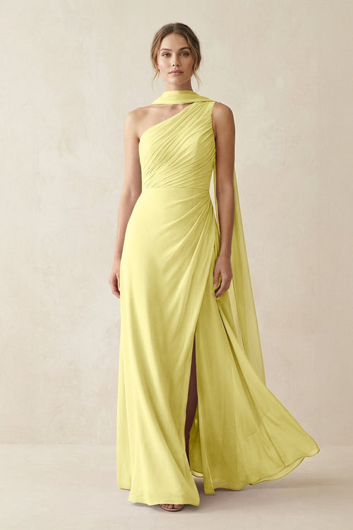 One - Shoulder Sheath Chiffon Bridesmaid Dress with Ribbon in Buttercup - KissProm Bridesmaid Dresses