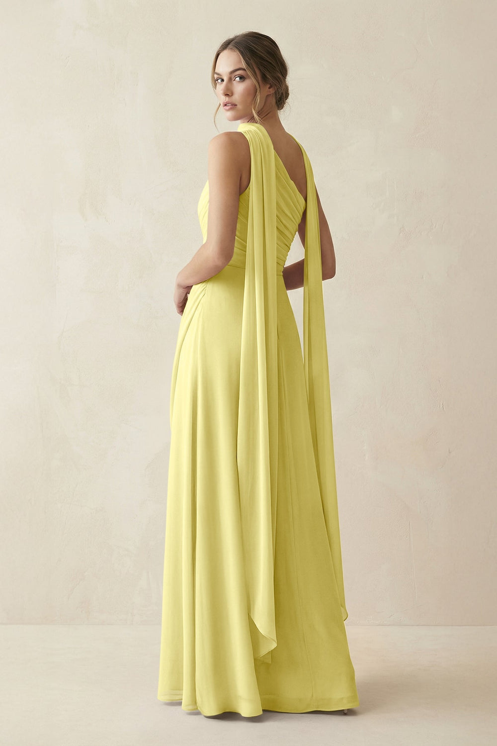 One - Shoulder Sheath Chiffon Bridesmaid Dress with Ribbon in Buttercup - KissProm Bridesmaid Dresses