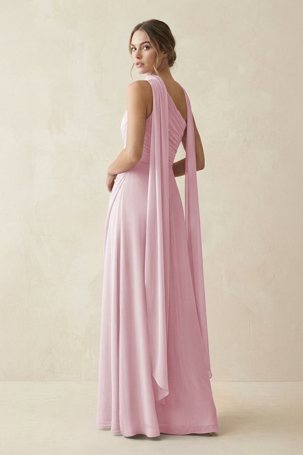One - Shoulder Sheath Chiffon Bridesmaid Dress with Ribbon in Candy Pink - KissProm Bridesmaid Dresses