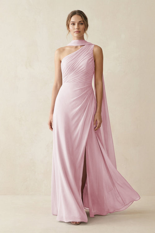 One - Shoulder Sheath Chiffon Bridesmaid Dress with Ribbon in Candy Pink - KissProm Bridesmaid Dresses