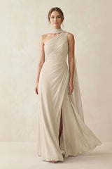One - Shoulder Sheath Chiffon Bridesmaid Dress with Ribbon in Champagne - KissProm Bridesmaid Dresses
