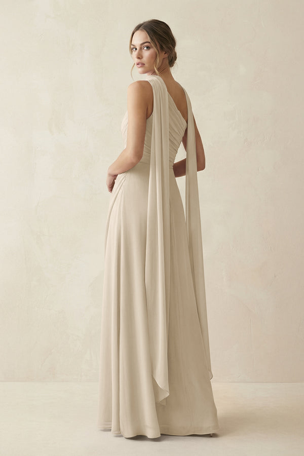 One - Shoulder Sheath Chiffon Bridesmaid Dress with Ribbon in Champagne - KissProm Bridesmaid Dresses