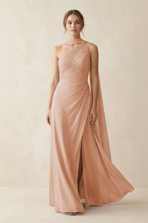 One - Shoulder Sheath Chiffon Bridesmaid Dress with Ribbon in Champagne Rose - KissProm Bridesmaid Dresses