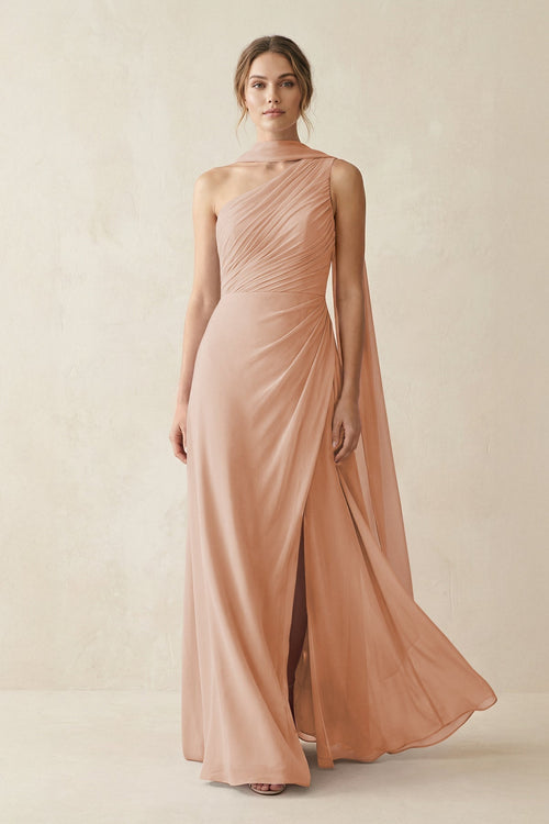 One - Shoulder Sheath Chiffon Bridesmaid Dress with Ribbon in Champagne Rose - KissProm Bridesmaid Dresses