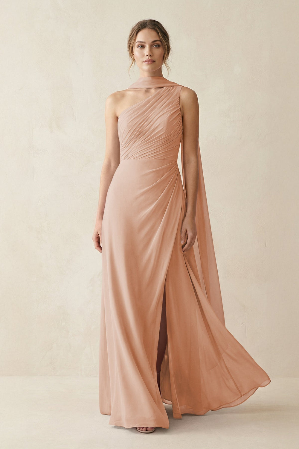 One - Shoulder Sheath Chiffon Bridesmaid Dress with Ribbon in Champagne Rose - KissProm Bridesmaid Dresses