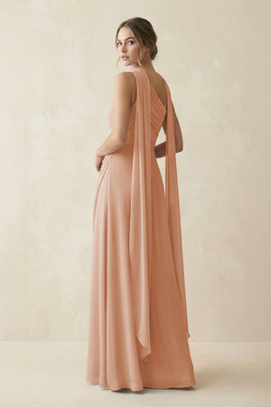 One - Shoulder Sheath Chiffon Bridesmaid Dress with Ribbon in Champagne Rose - KissProm Bridesmaid Dresses