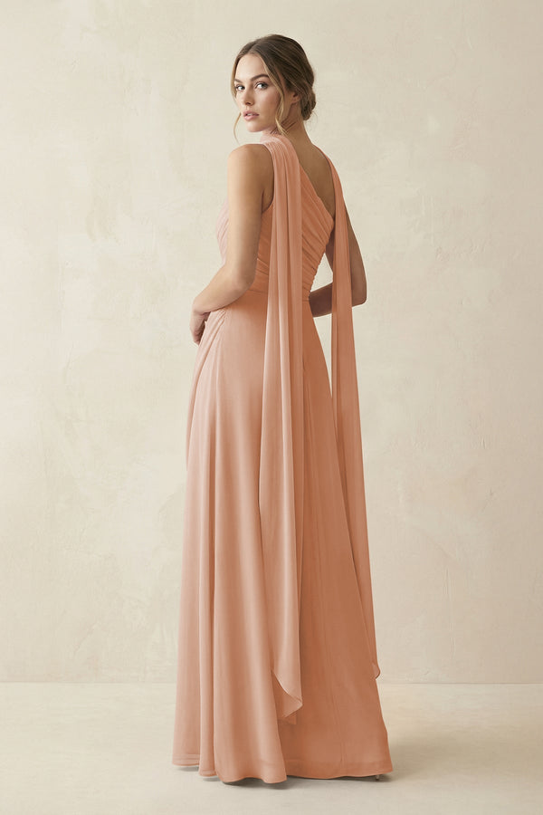 One - Shoulder Sheath Chiffon Bridesmaid Dress with Ribbon in Champagne Rose - KissProm Bridesmaid Dresses