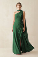 One - Shoulder Sheath Chiffon Bridesmaid Dress with Ribbon in Dark Green - KissProm Bridesmaid Dresses