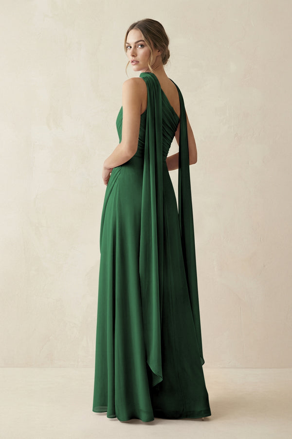 One - Shoulder Sheath Chiffon Bridesmaid Dress with Ribbon in Dark Green - KissProm Bridesmaid Dresses