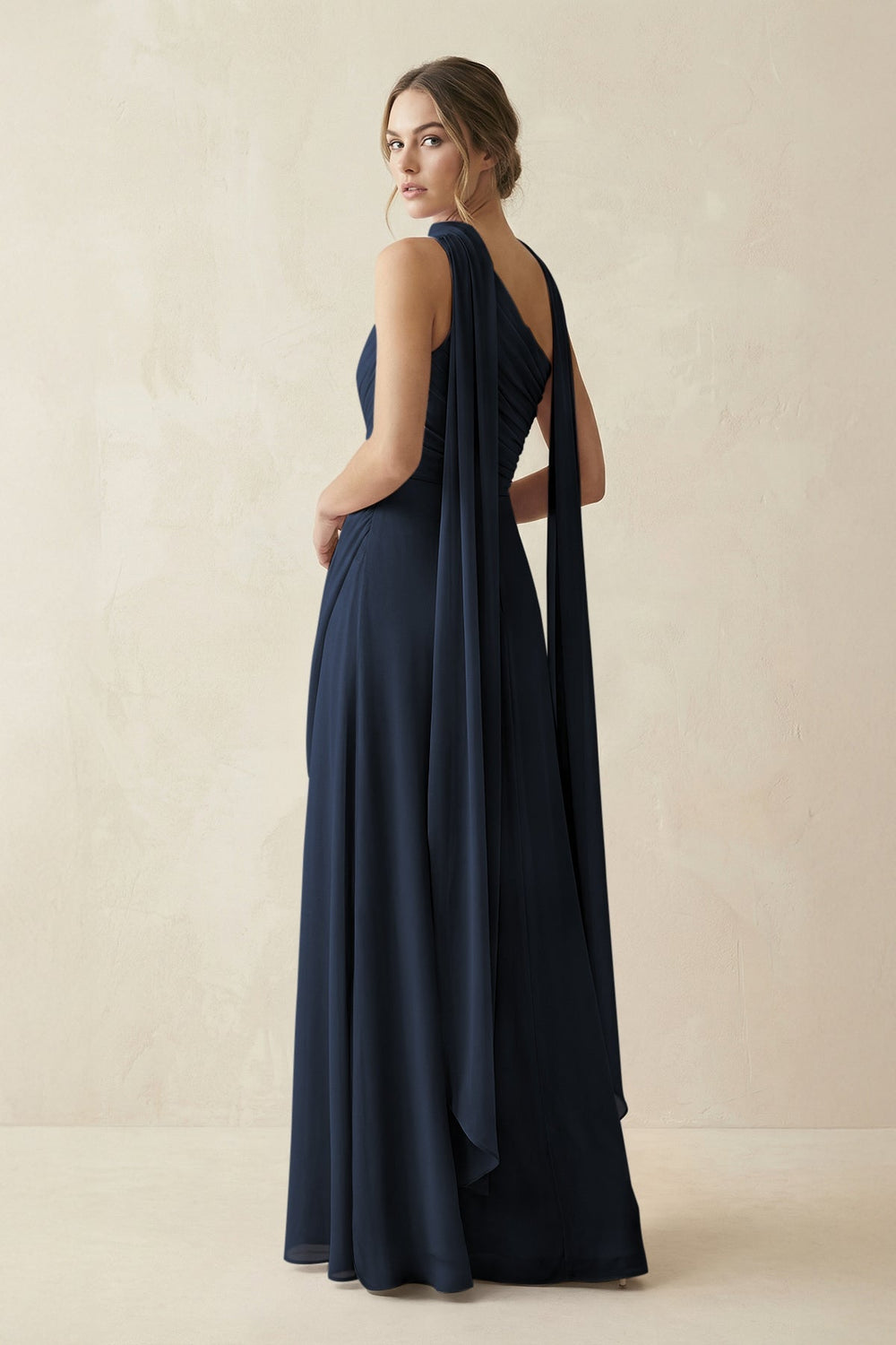 One - Shoulder Sheath Chiffon Bridesmaid Dress with Ribbon in Dark Navy - KissProm Bridesmaid Dresses