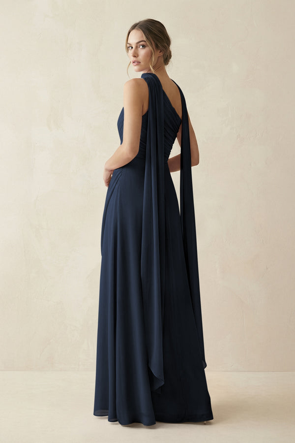 One - Shoulder Sheath Chiffon Bridesmaid Dress with Ribbon in Dark Navy - KissProm Bridesmaid Dresses