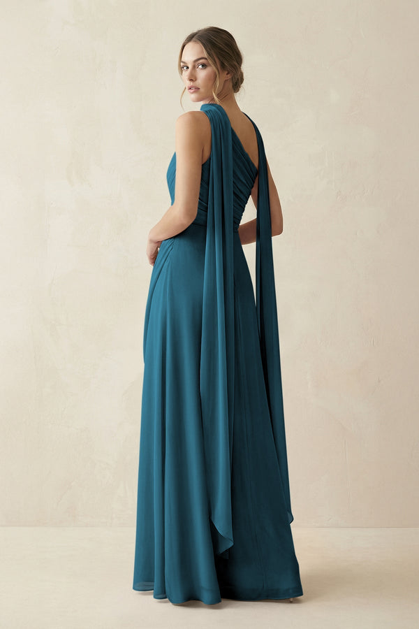 One - Shoulder Sheath Chiffon Bridesmaid Dress with Ribbon in Dark Teal - KissProm Bridesmaid Dresses