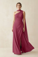One - Shoulder Sheath Chiffon Bridesmaid Dress with Ribbon in Desert Rose - KissProm Bridesmaid Dresses