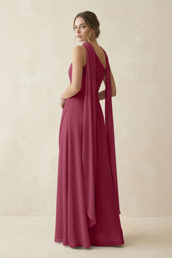 One - Shoulder Sheath Chiffon Bridesmaid Dress with Ribbon in Desert Rose - KissProm Bridesmaid Dresses