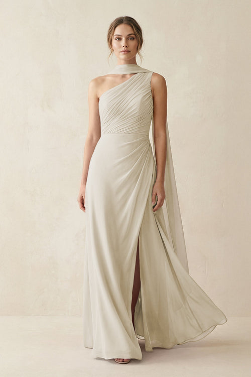 One - Shoulder Sheath Chiffon Bridesmaid Dress with Ribbon in Dove Gray - KissProm Bridesmaid Dresses