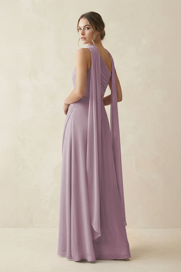 One - Shoulder Sheath Chiffon Bridesmaid Dress with Ribbon in Dusk - KissProm Bridesmaid Dresses