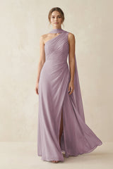 One - Shoulder Sheath Chiffon Bridesmaid Dress with Ribbon in Dusk - KissProm Bridesmaid Dresses