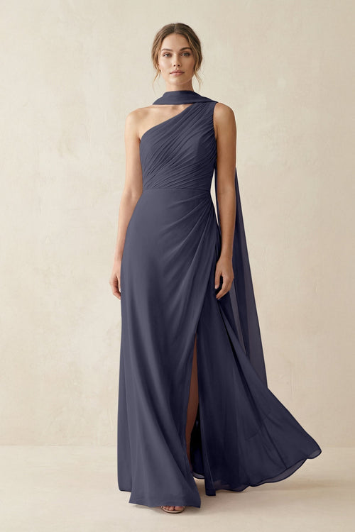 One - Shoulder Sheath Chiffon Bridesmaid Dress with Ribbon in Dusk Blue - KissProm Bridesmaid Dresses