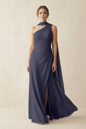 One - Shoulder Sheath Chiffon Bridesmaid Dress with Ribbon in Dusk Blue - KissProm Bridesmaid Dresses