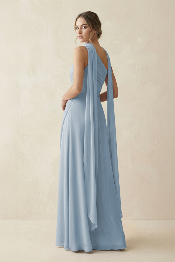 One - Shoulder Sheath Chiffon Bridesmaid Dress with Ribbon in Dusty Blue - KissProm Bridesmaid Dresses