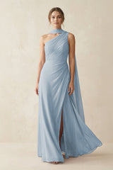 One - Shoulder Sheath Chiffon Bridesmaid Dress with Ribbon in Dusty Blue - KissProm Bridesmaid Dresses