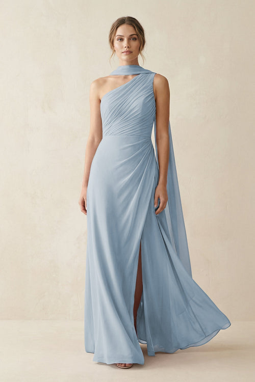 One - Shoulder Sheath Chiffon Bridesmaid Dress with Ribbon in Dusty Blue - KissProm Bridesmaid Dresses