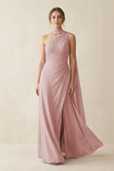 One - Shoulder Sheath Chiffon Bridesmaid Dress with Ribbon in Dusty Rose - KissProm Bridesmaid Dresses