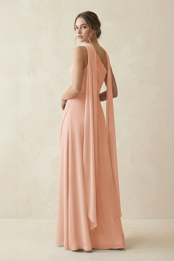 One - Shoulder Sheath Chiffon Bridesmaid Dress with Ribbon in English Rose - KissProm Bridesmaid Dresses