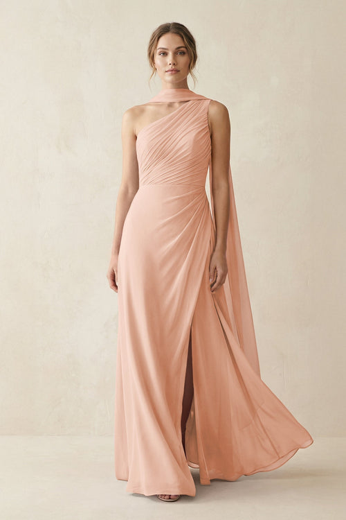One - Shoulder Sheath Chiffon Bridesmaid Dress with Ribbon in English Rose - KissProm Bridesmaid Dresses