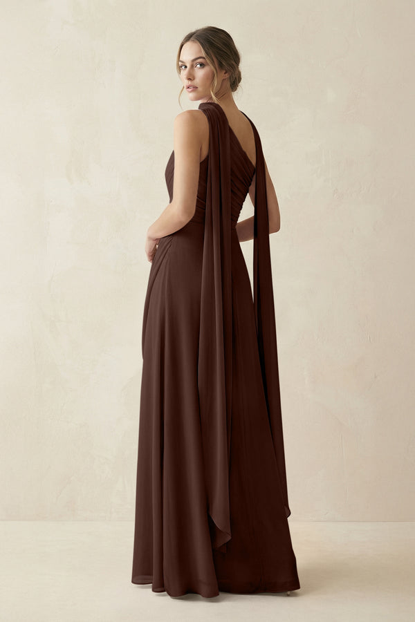 One - Shoulder Sheath Chiffon Bridesmaid Dress with Ribbon in Espresso - KissProm Bridesmaid Dresses