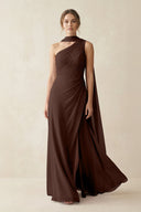 One - Shoulder Sheath Chiffon Bridesmaid Dress with Ribbon in Espresso - KissProm Bridesmaid Dresses